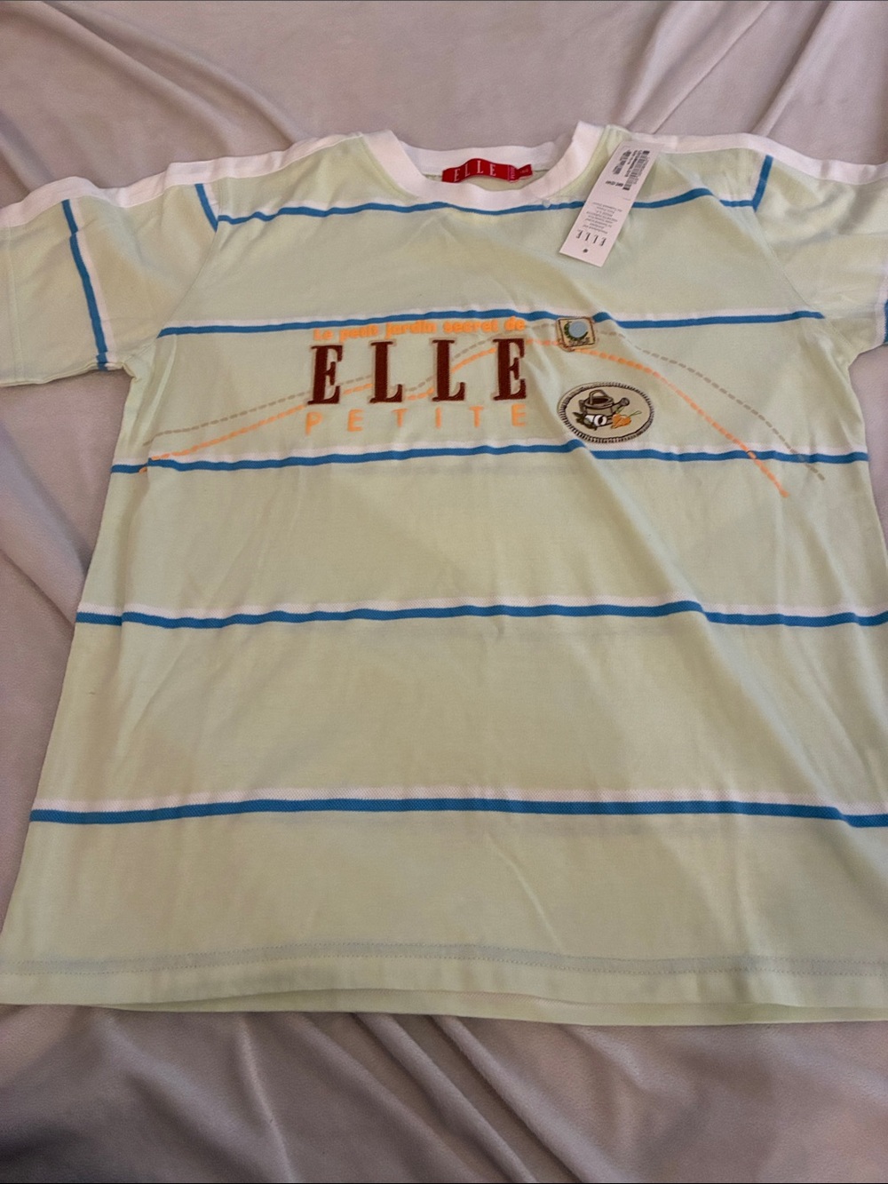 Elle Petite Light Green Tee with Blue Stripes
